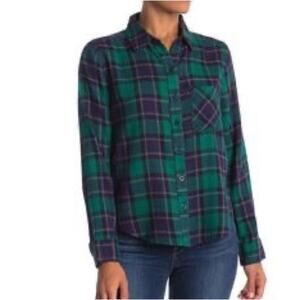 Abound Women's Green/Blue Plaid Flannel Long Sleeve Button Front Shirt sz XS